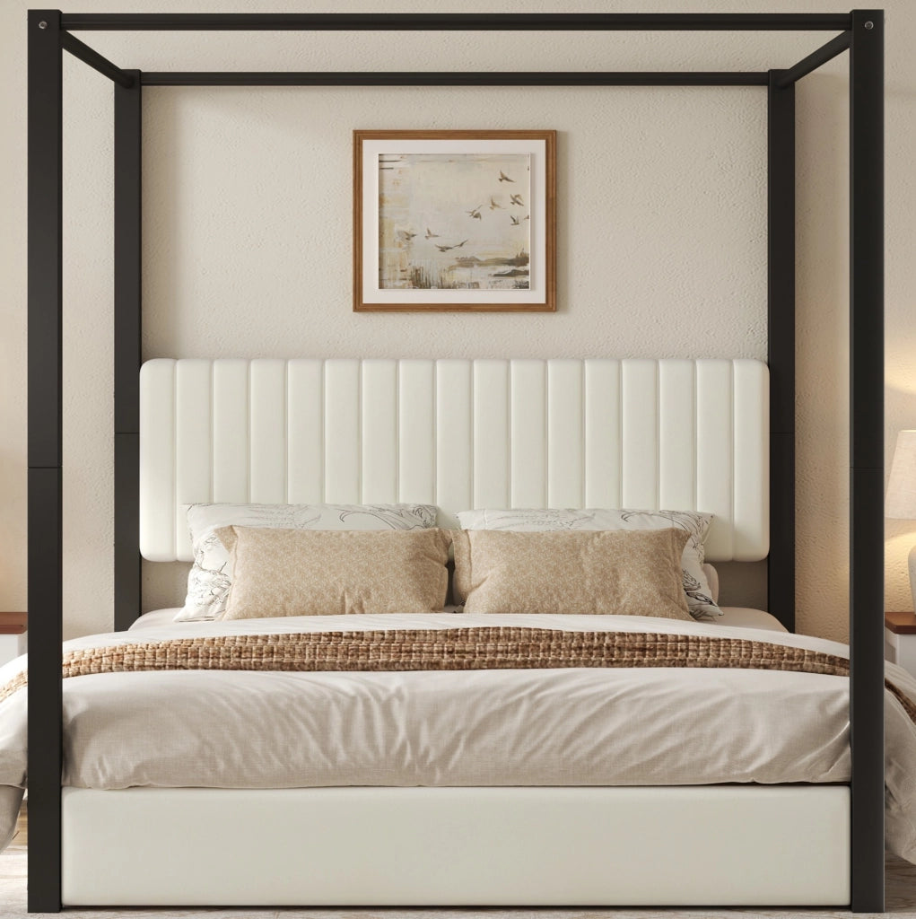 Letto a baldacchino 180x200 cm con testiera in velluto MDF e metallo beige e nero