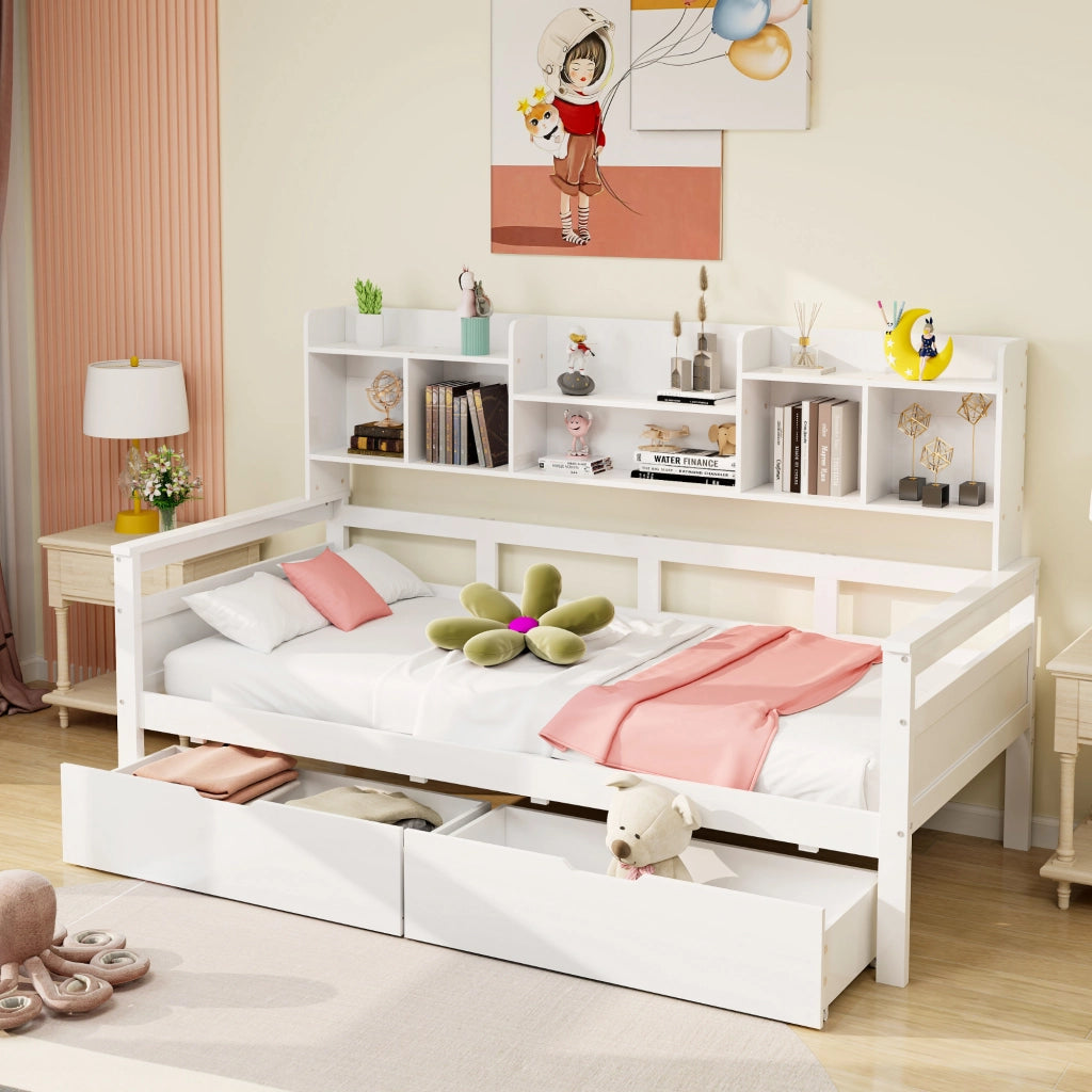 OKWISH Letto a Divano 90×200 cm, Letto Singolo con 2 Cassetti, Mensole e Scomparti, senza Materasso, in Legno, Bianco