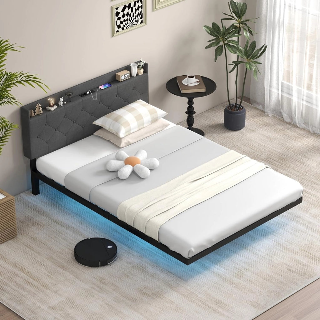 Letto Matrimoniale 140 x 200 Testiera con Luci LED, Struttura Letto a Doghe Carico 300 kg，Lettino con Struttura Moderno, Senza Materasso，Nero