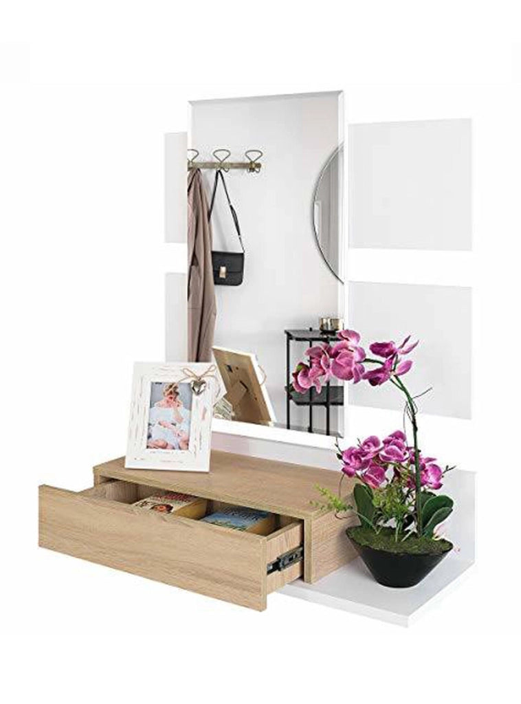 Mobile da ingresso Anro, Entratina sospesa con specchio, Mobile con cassetto per entrata, cm 75x29h90, Bianco lucido e Noce