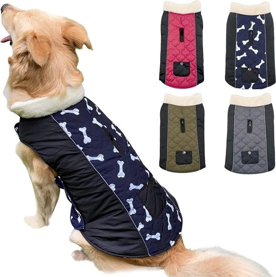 Jas acqua resistente per cani, veste riflettenti per cani con collo di lana calda, abbigliamento per cani, blu + nero, 3XL