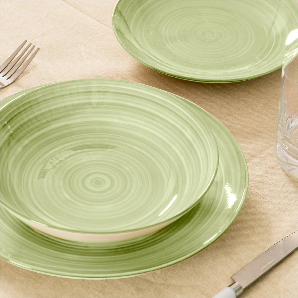 Set 18 Piatti in Porcellana Colorati Servizio Tavola Moderno 6 Persone Piatti Piani Ø27 cm, Fondi Ø20 cm e Dessert Ø19 cm Lavastoviglie e Microonde Certificati per Contatto Alimentare Terra