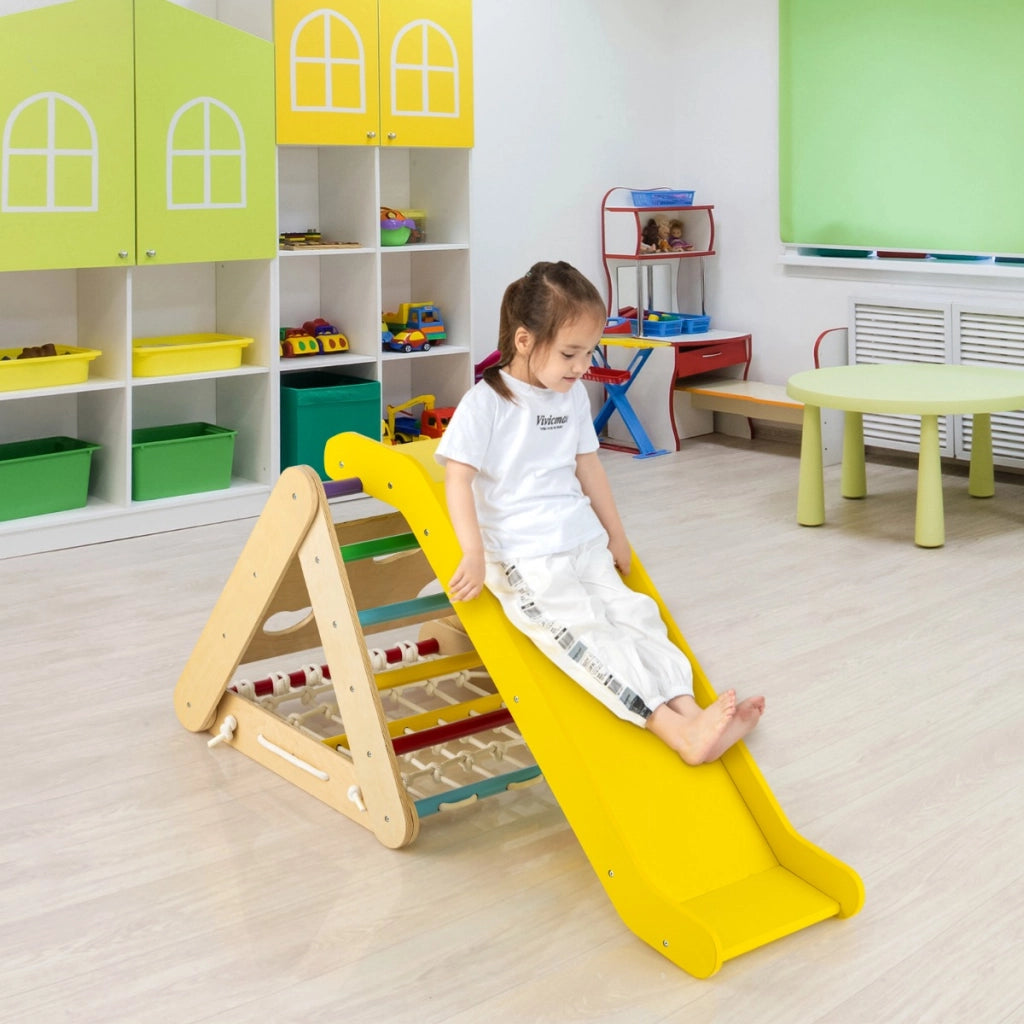 Arrampicata in legno per bambini 4-in-1 con scivolo, Arrampicata a triangolo per interni con rete Colorato-Arrampicate e scivoli