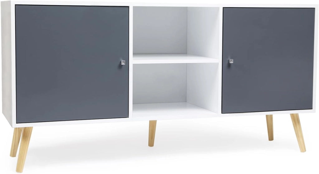 Credenza scandinava bassa EFFIE 140 cm con 2 ante in legno bianco e grigio