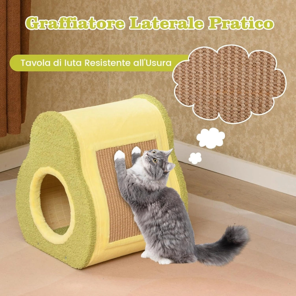 Cuccia per Gatti da Interno Forma di Avocado, Casetta per Gatti Morbida con Tessuto Delicato e Parete di Bambù, Nido per Gatti con Tavola di Juta all’Esterno, 35 x 33 x 40 cm