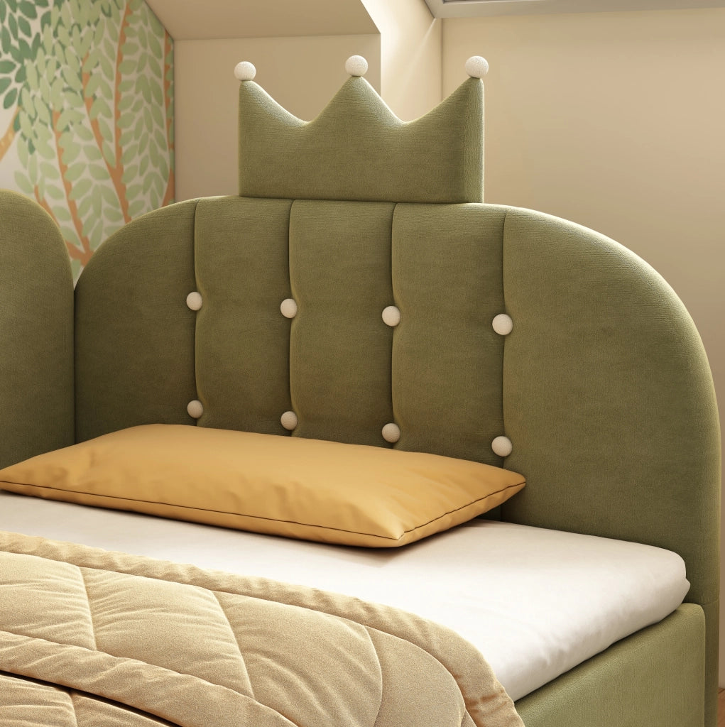 Letto daybed singolo 90x190 cm con contenitore; design corona in velluto verde