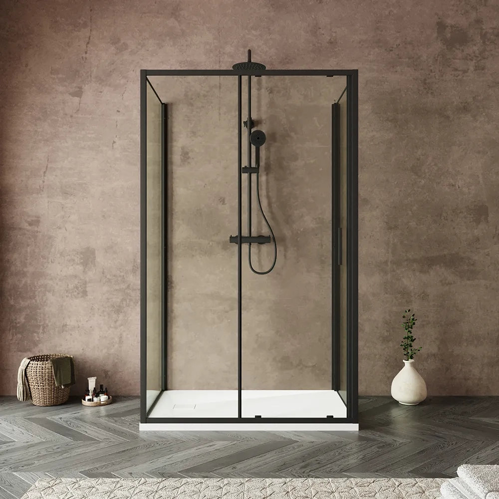 Box doccia tre lati 80x110x80cm con porta scorrevole profili nero opaco e vetro 6mm trasparente h190 | Portofino