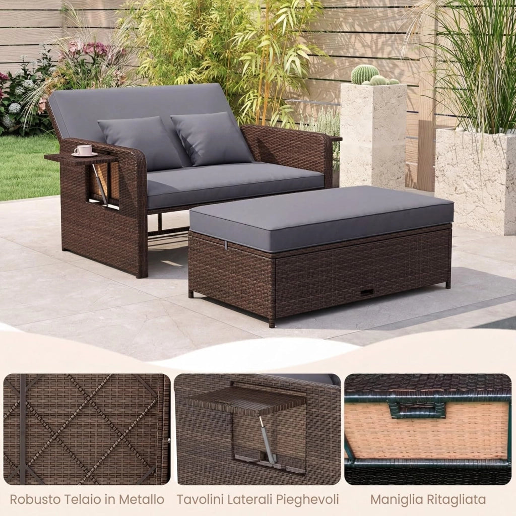 Lettino Prendisole in Rattan, Set 2 Pezzi con Divanetto & Pouf Contenitore, Schienale Regolabile a 4 Livelli e Tavolini Laterali Pieghevoli, Sdraio Doppia per Giardino e Piscina (Grigio)