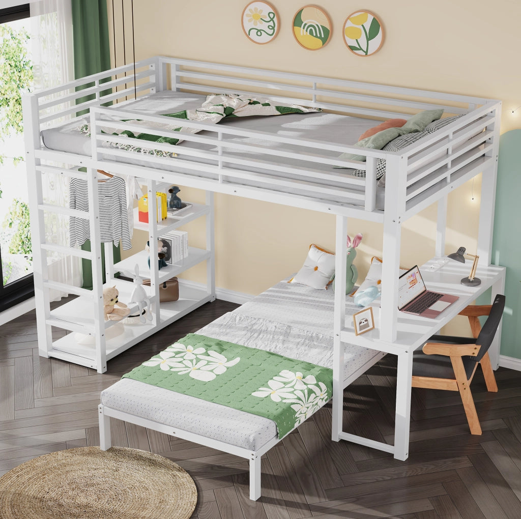 Letto a soppalco 90x200 cm con scrivania e scaffali, bianco