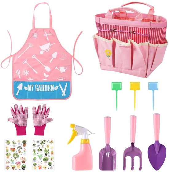 Kit di giardinaggio per bambini 12 pezzi - Set di attrezzi da giardinaggio per bambini - Forbici/Lama/Pala - Borsa/Flacone/Guanti - Giocattolo per bambini - Materiale affidabile - Set di attrezzi da giardinaggio per bambini