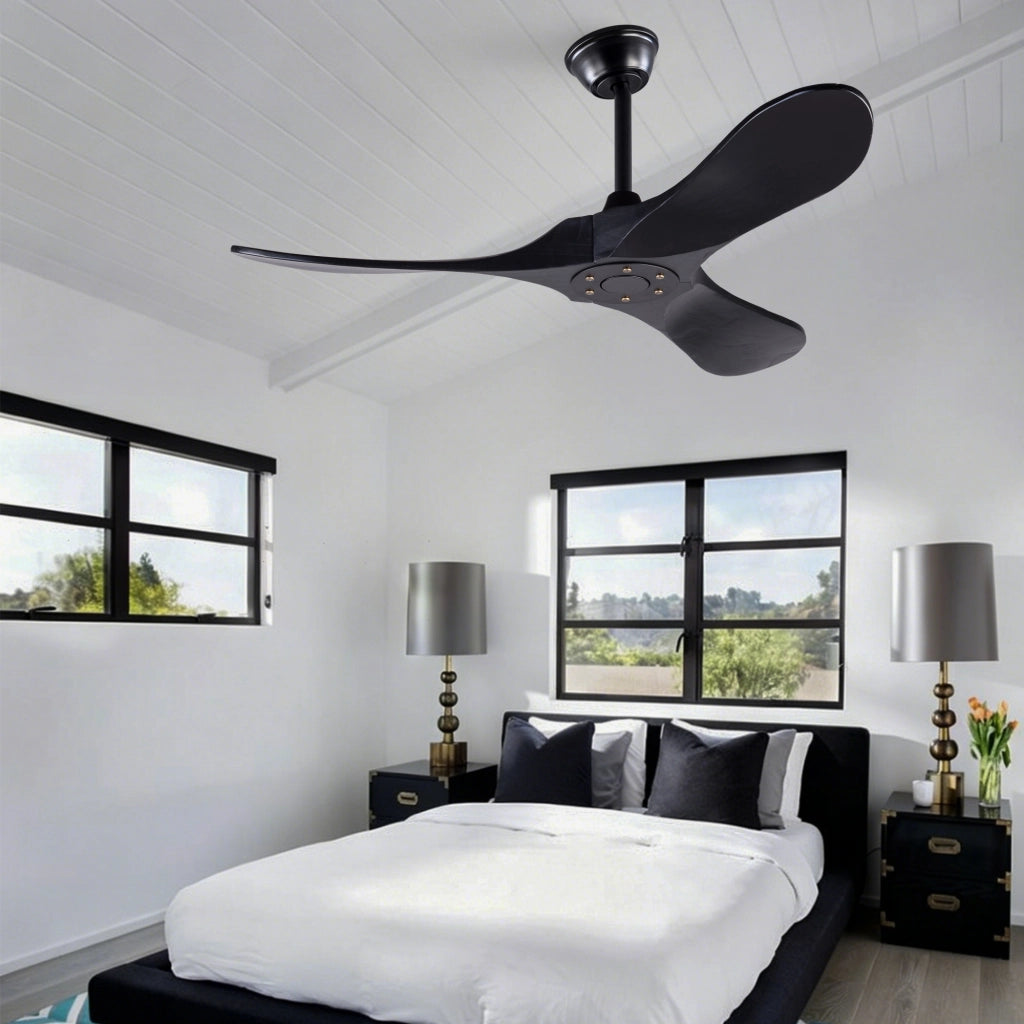 Ventilatore da soffitto nero design moderno 52 pollici, 3 pale legno massello, senza illuminazione, motore DC reversibile silenzioso