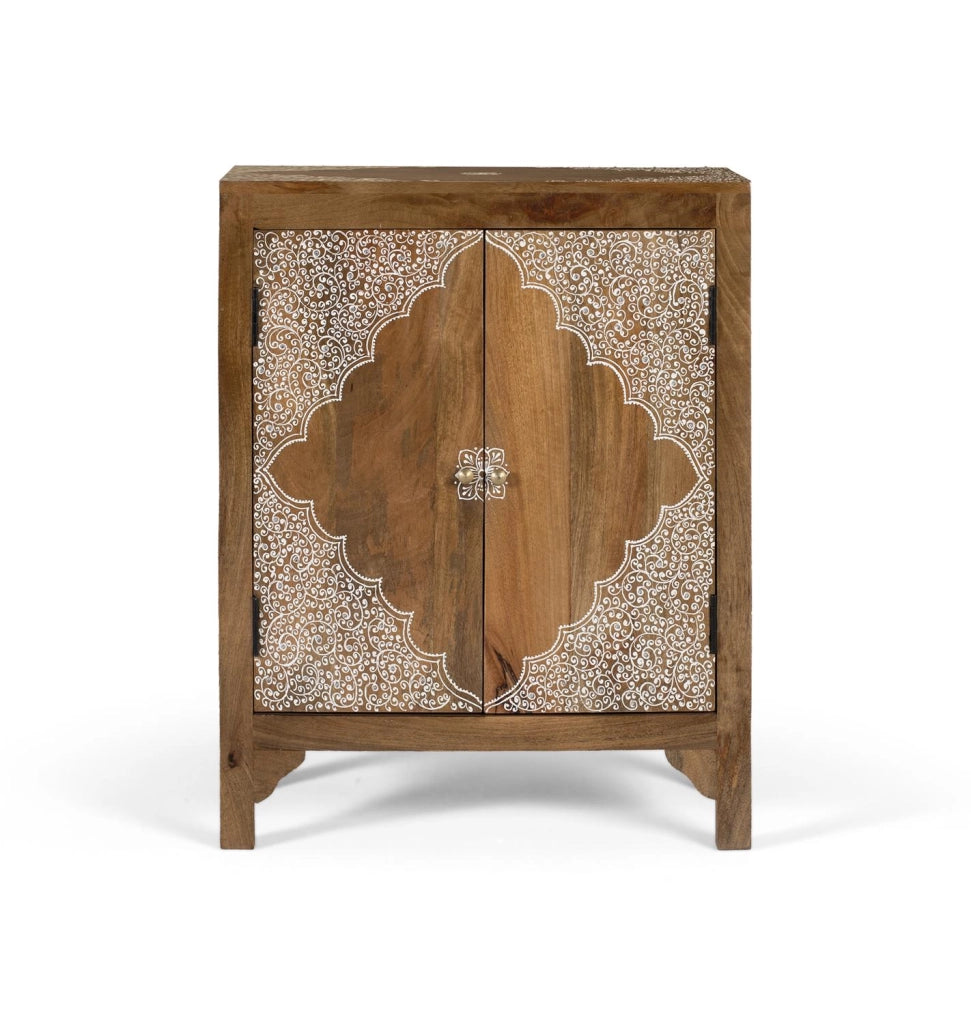 Credenza in legno di mango con due ante dipinte a mano