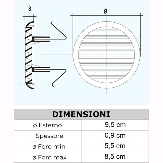 Griglia Aerazione Universale Con Molla In Abs Bianco per foro  ⌀ da 5,5 a  8,5 cm