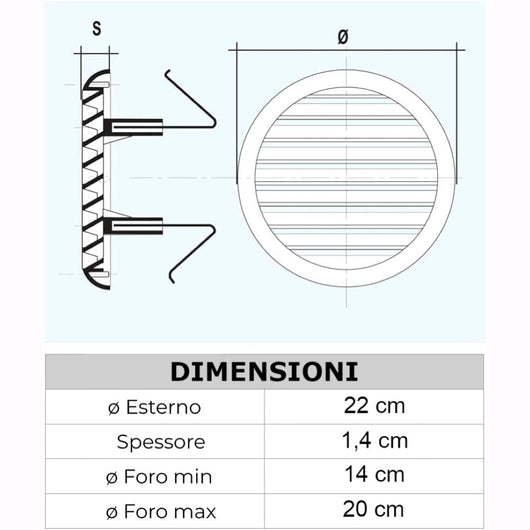 Griglia Aerazione Universale Con Molla In Abs Bianco per foro  ⌀  da 14 a 20 cm