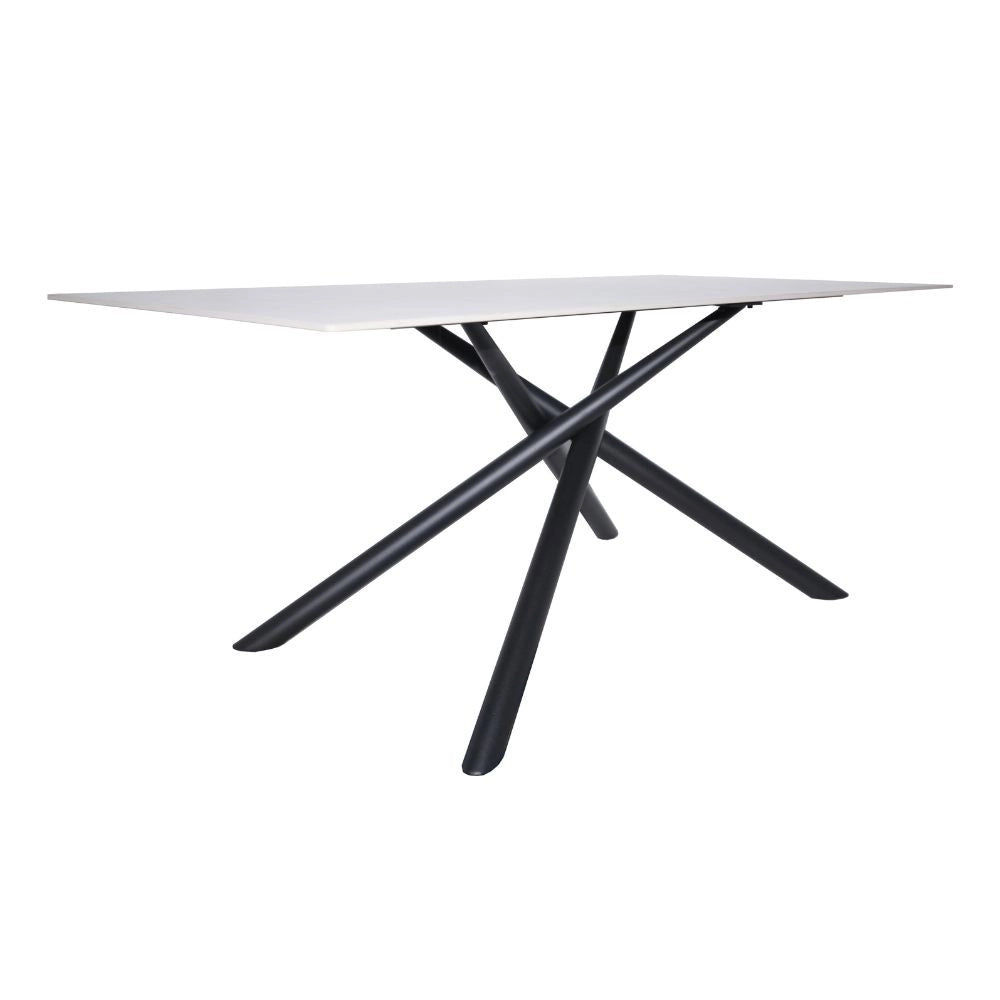 Tavolo fisso Corveo con piano effetto marmo bianco e struttura in metallo nero stile Shangai 180x90
