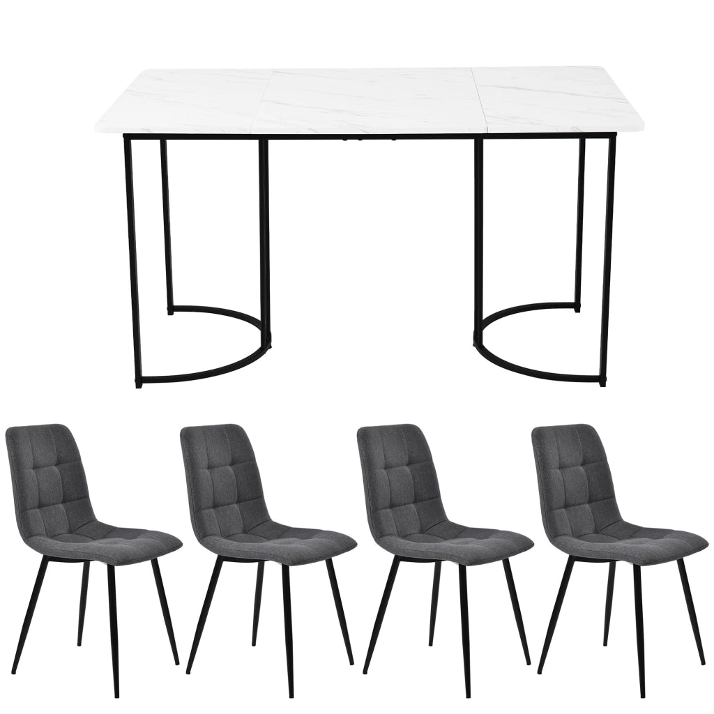 Set tavolo da pranzo per 4 persone con 4 sedie in lino, piano in MDF effetto marmo, bianco, 140 × 80 cm