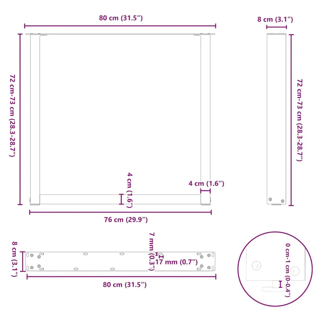 Set di 2 gambe per tavolo da pranzo a forma di U 80 x 72-73 cm con piedini regolabili design moderno in acciaio antracite 02_0057430
