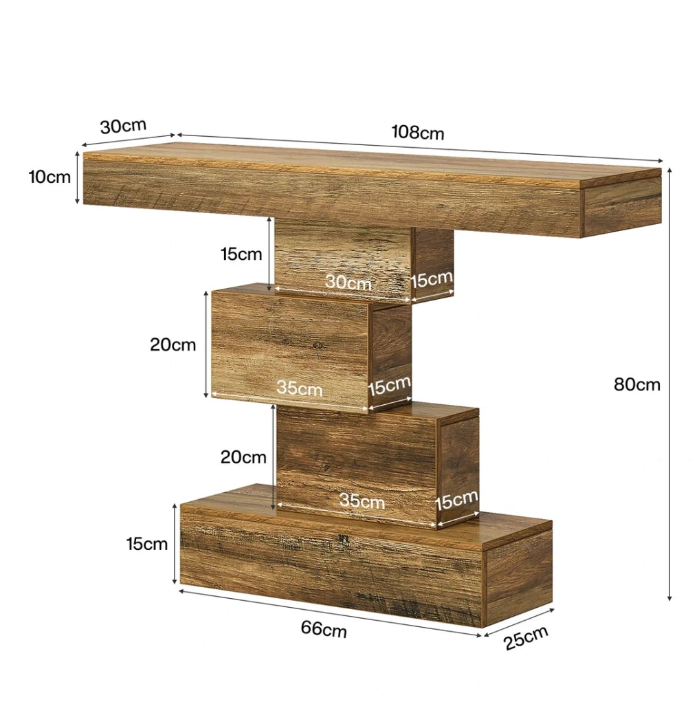 Tavolo consolle in legno con base geometrica, stile rustico e design funzionale