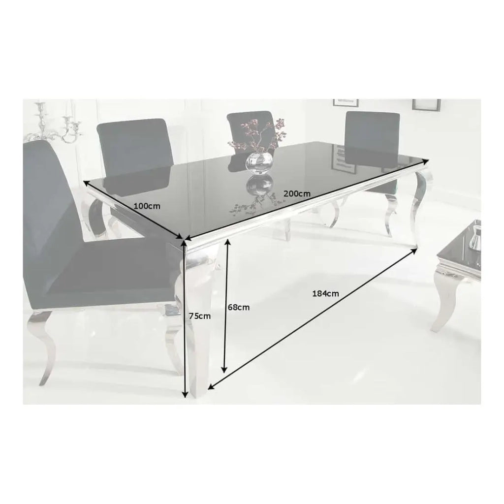 Tavolo da pranzo VELENA – Acciaio lucidato e vetro nero – 200 cm – Stile barocco moderno