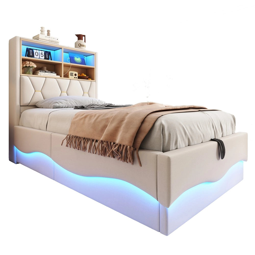 Letto Singolo con Contenitore Idraulico e LED ¨C MINIMAL ¨C 90x200, Lino Beige, Metallo