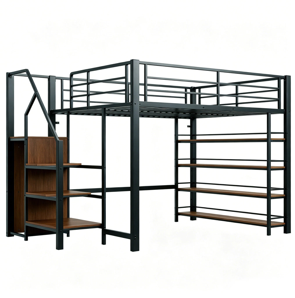 Letto a soppalco 140x200 con scala contenitore, guardaroba e ripiani