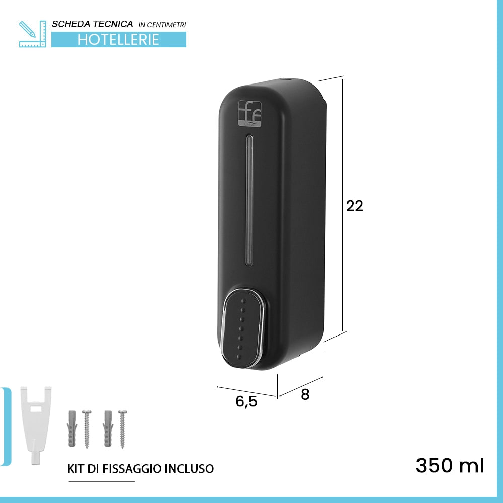Dispenser sapone liquido a muro nero da 350 ml con fissaggi inclusi
