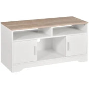 Mobile TV con 3 Scomparti Aperti, 2 Armadietti e Piano d'Appoggio, Mobile per TV fino a 50", in Truciolato, 105x40x52cm, Bianco e Legno
