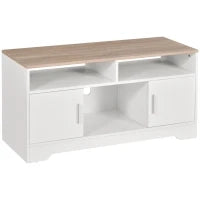 Mobile TV con 3 Scomparti Aperti, 2 Armadietti e Piano d'Appoggio, Mobile per TV fino a 50", in Truciolato, 105x40x52cm, Bianco e Legno