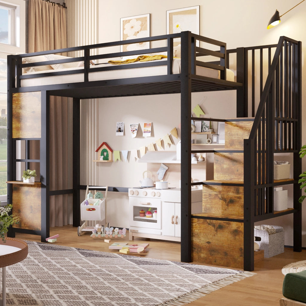 Letto a soppalco 90x200 cm con scala contenitore; finestra; spazio libero sottostante e parapetto; metallo nero