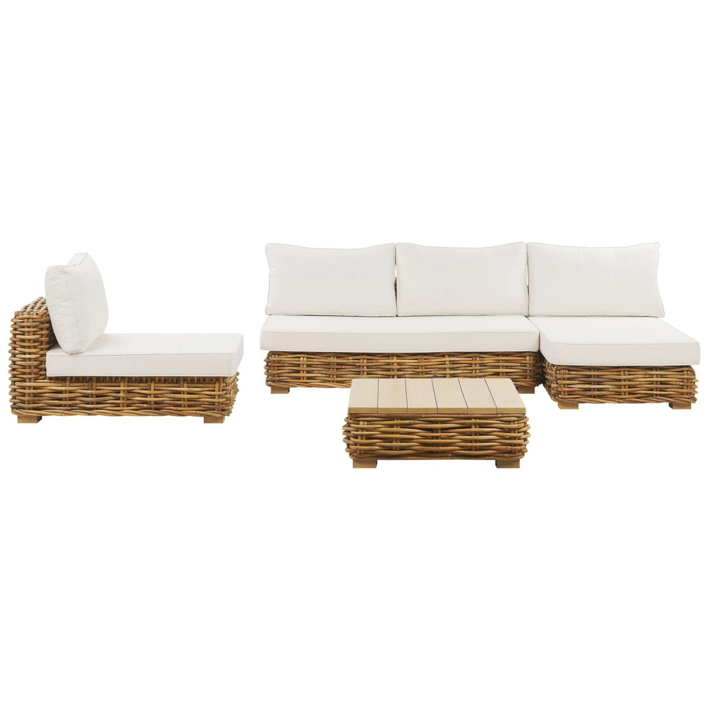 Set di conversazione da giardino cuscini bianchi in rattan naturale divano da esterno con tavolino sinistro