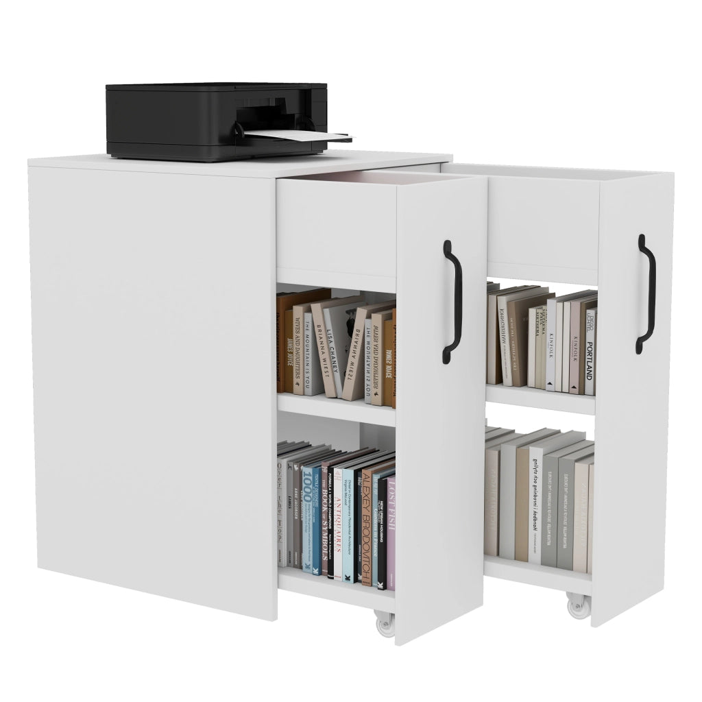 Libreria mobile con 1 cassetto e 2 ripiani, reversibile, con ruote, per soggiorno e bagno, bianco, 52 × 50 × 75 cm