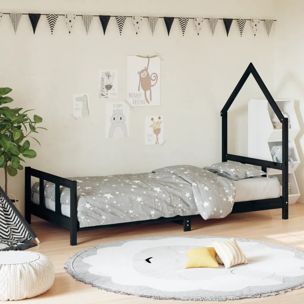 Giroletto per Bambini | Letto Infantile | Lettino Nero 90x200 cm in Legno Massello di Pino