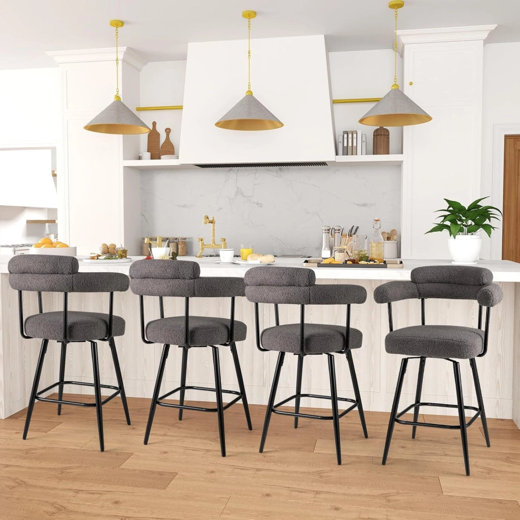 Set di 2 Sgabelli da Bar Girevoli, Sedie Imbottite in Boucle con Schienale, Braccioli Curvi, Gambe in Metallo e Poggiapiedi, Portata 150 kg, per Isola Cucina, Caffè e Pub (Grigio)