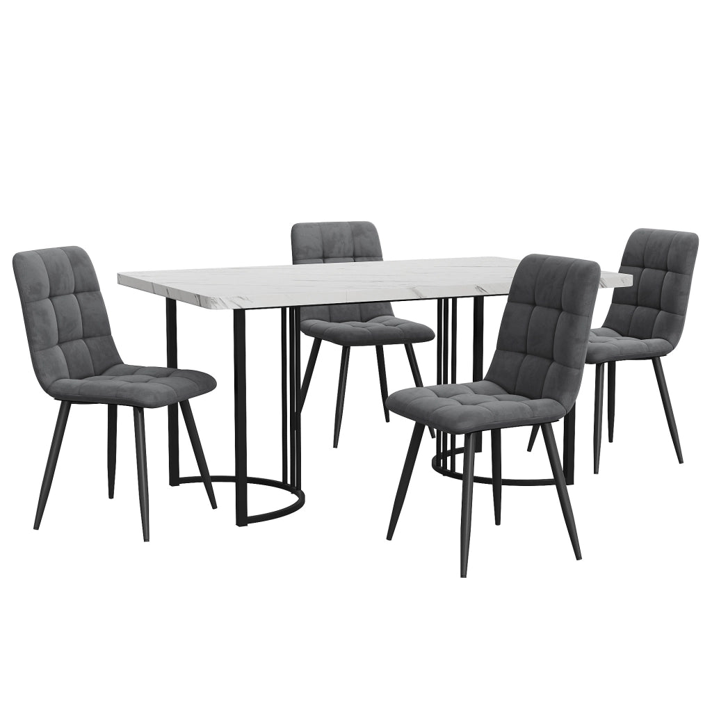 Set da pranzo 5 pezzi con tavolo 140x80 cm e 4 sedie in velluto; bianco