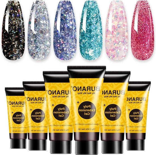 Kit di Estensione per Unghie in Gel - 6 Colori Nails Builder Set - Per Principianti/Professionisti - Kit Starter DIY per l'Arte delle Unghie Regalo - Glitter