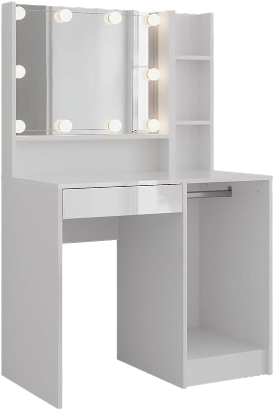 Tavolo da toeletta Sherry, Bianco/bianco lucido, 89.8 cm 4 parti, con illuminazione LED e specchio integrato fisso