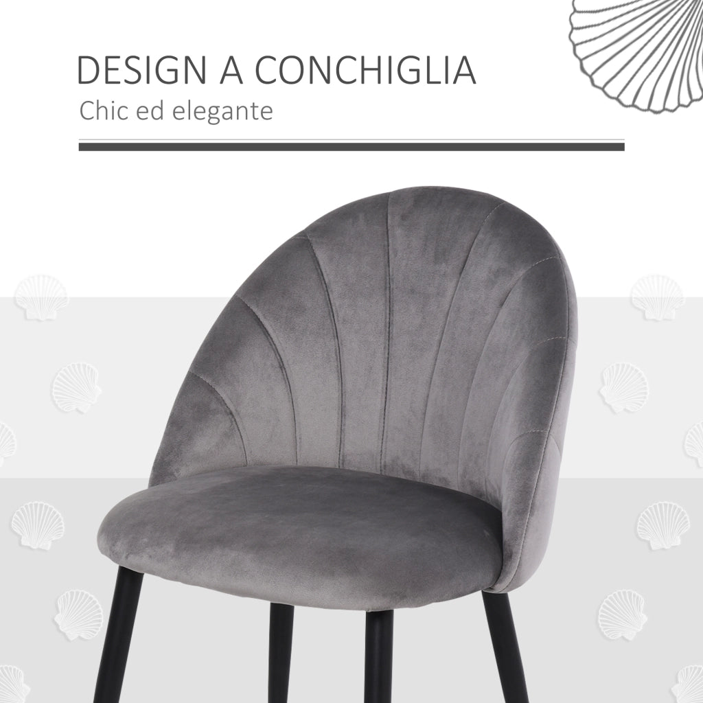 EasyComfort Set da 2 Sedie da Pranzo in Velluto Imbottite con Schienale a Conchiglia e Gambe in Metallo, Grigio