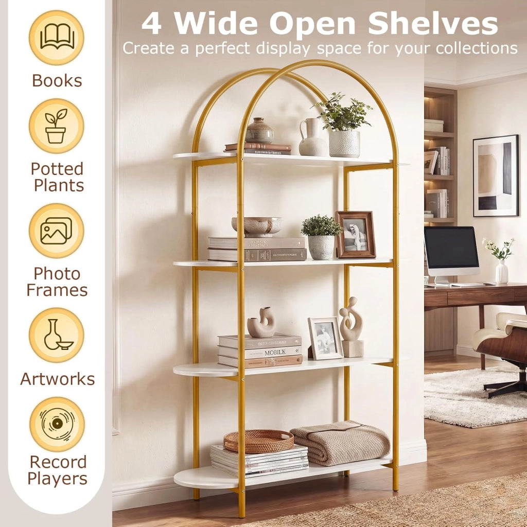 Scaffale a 4 Ripiani con Design ad Arco, Libreria con Ripiani Aperti e Telaio in Metallo, per Camera da Letto, Soggiorno e Ufficio, 95 x 34 x 156 cm (Oro E Bianco)