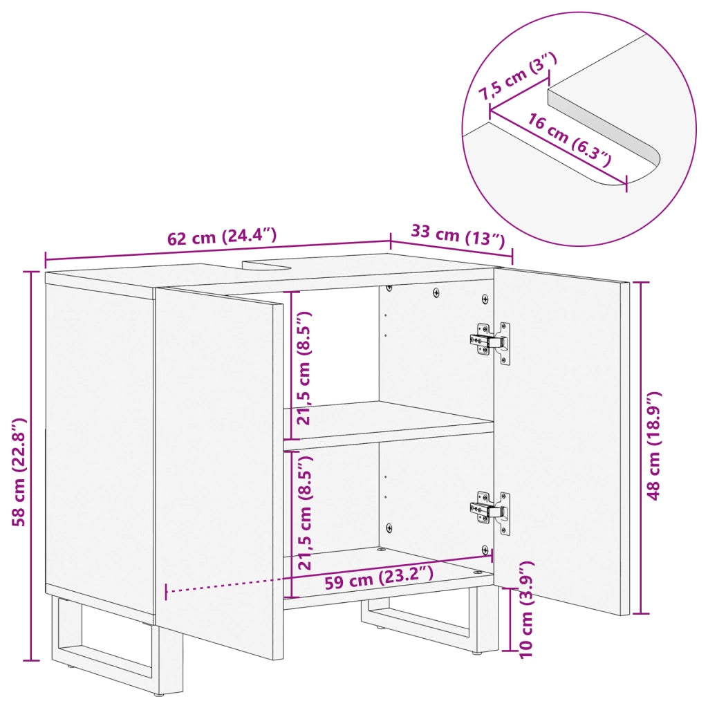 Mobile per Lavabo 62x33x58 cm Legno Massello di Mango e Legno Ingegnerizzato