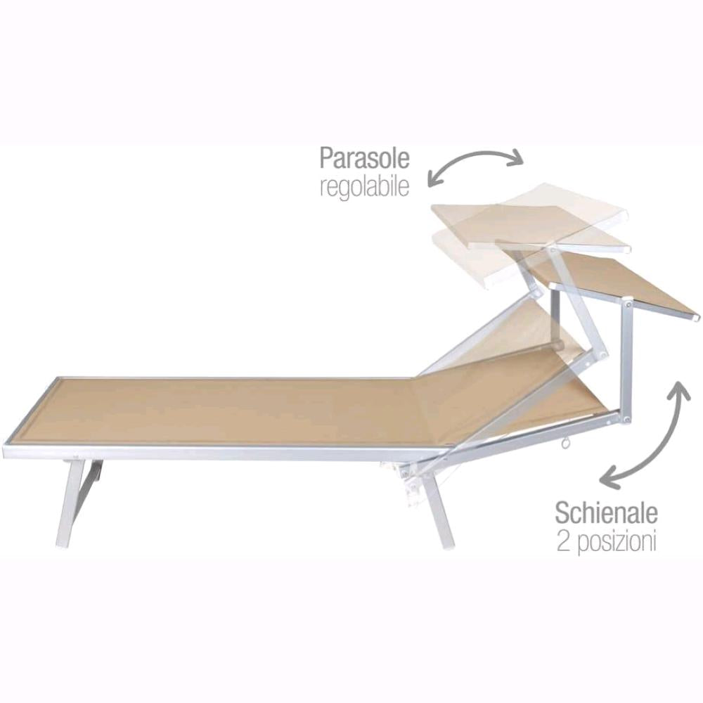 Lettino da Spiaggia Prendisole in Alluminiio da Giardino colore SABBIA con Tettuccio Parasole