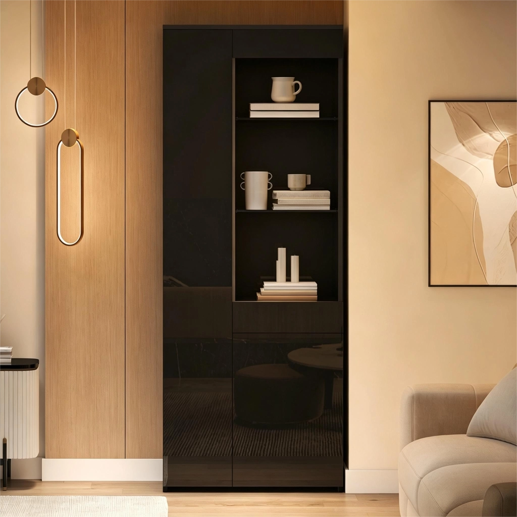 Mobile Vetrina ¨C Minimal ¨C Nero 70x35x180cm con cassetti e LED