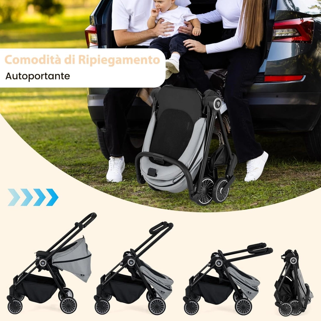 Passeggino per Bambini Reversibile, Passeggino Pieghevole per Neonati con Schienale Reclinabile, Cappotta Regolabile, Cestello Portaoggetti, per Neonati 0-36 Mesi, Portata 15 kg (Grigio)
