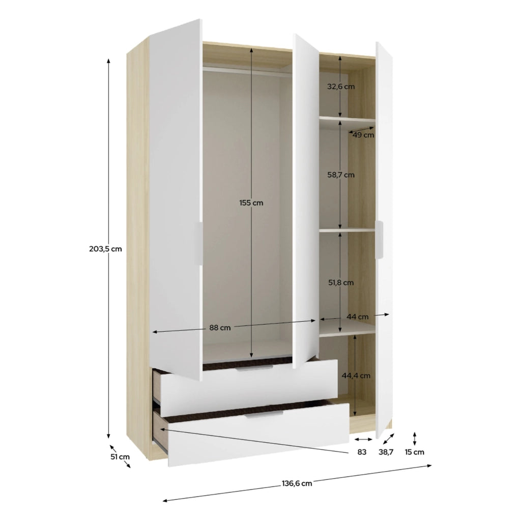 Armadio Camera da Letto Mayos, Guardaroba 3 Ante Appendiabiti, 51x137 cm Bianco
