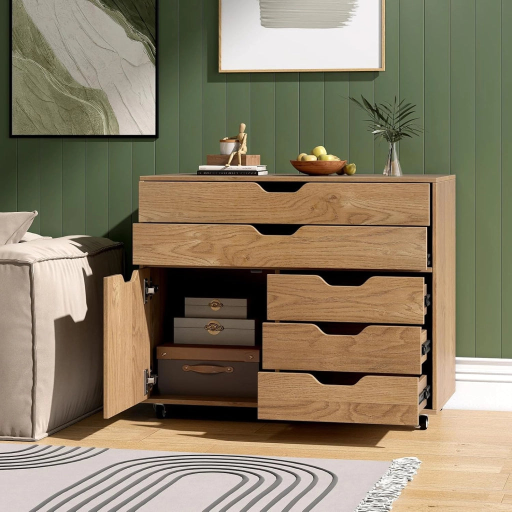Cassettiera con 5 cassetti e 1 armadietto, armadietto mobile a 5 ruote, cassettiera sotto scrivania, 77,5 x 40 x 64 cm (naturale)