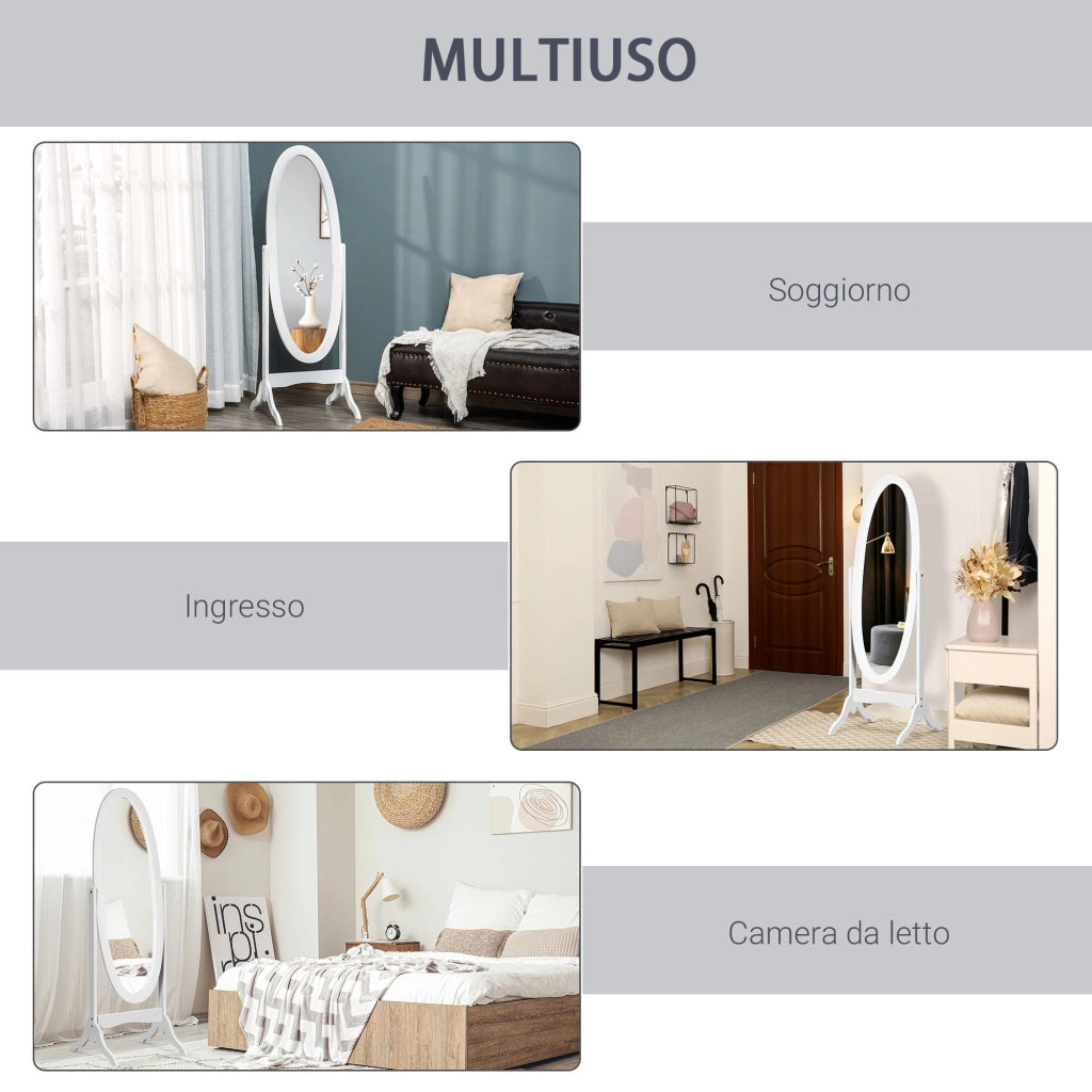 Specchio da Terra Ovale a Figura Intera con Inclinazione Regolabile, 47.5x45.5x154.5cm, Bianco