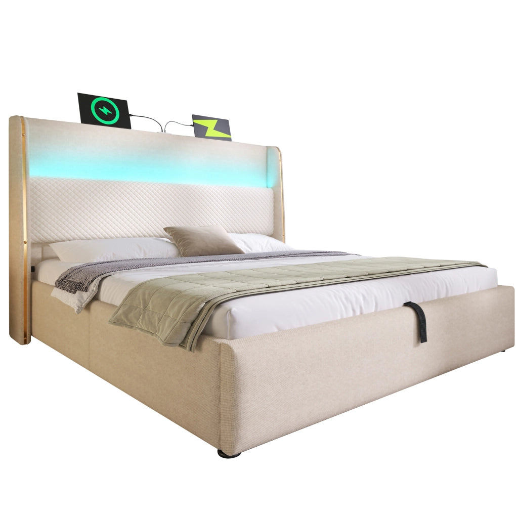 Letto contenitore 180x200 cm con LED e ricarica USB e Type C in lino beige