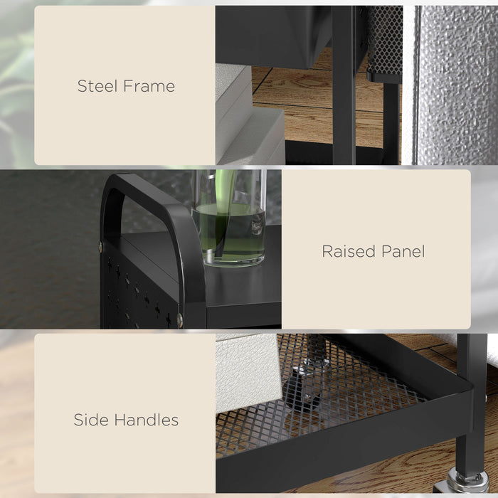 Carrello da Cucina con Cesto Cassetto Estraibile e 3 Ganci 61x32,6x58,5 cm in PP e Metallo Nero