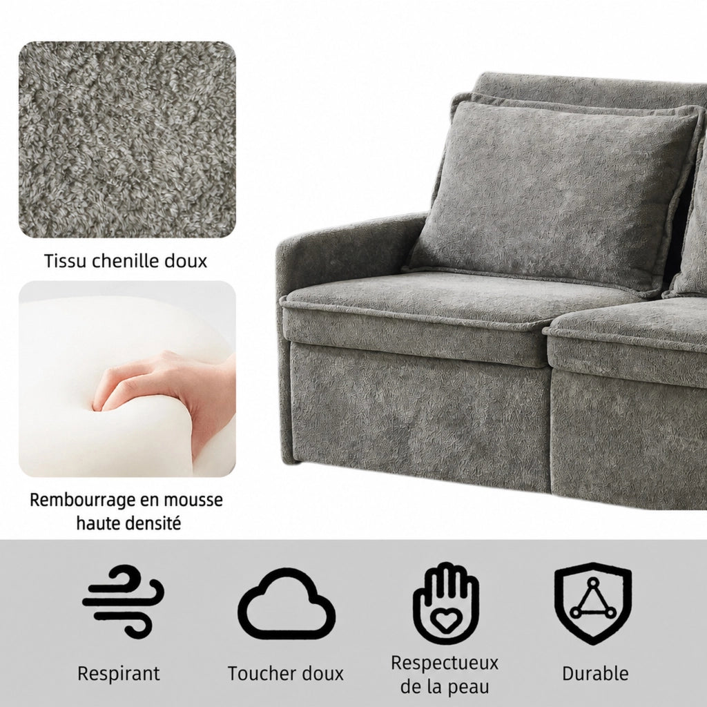Divano letto 172，5x71x95 cm in ciniglia grigia con USB e contenitore
