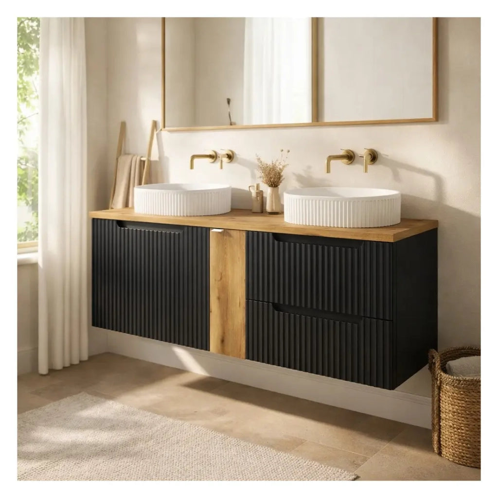 Insieme VANO 140cm: mobili sotto lavabo con nicchie a cassetti e armadietti + due lavabi da appoggio scanalati
