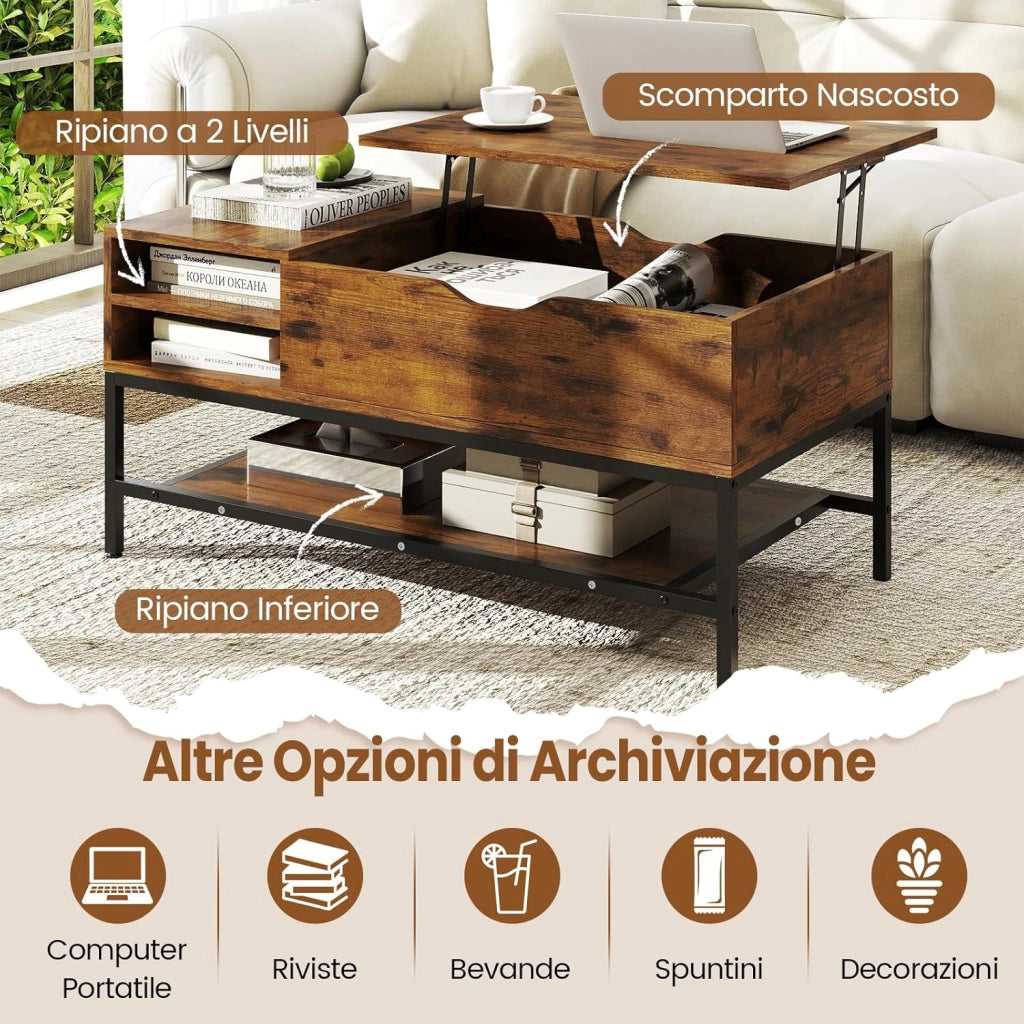 Tavolino da Caffè con Piano Sollevabile e Scomparto Nascosto, Tavolo da Salotto in Legno con Ripiano Portaoggetti, Ideale per Piccoli Spazi (Marrone)